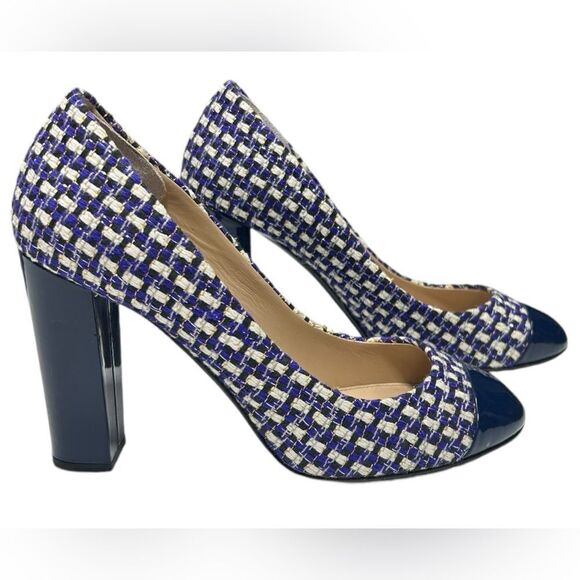 J. Crew Collection Etta Made in Italy Blue Tweed Block Heel Pumps Leather Sole - Picture 1 of 13